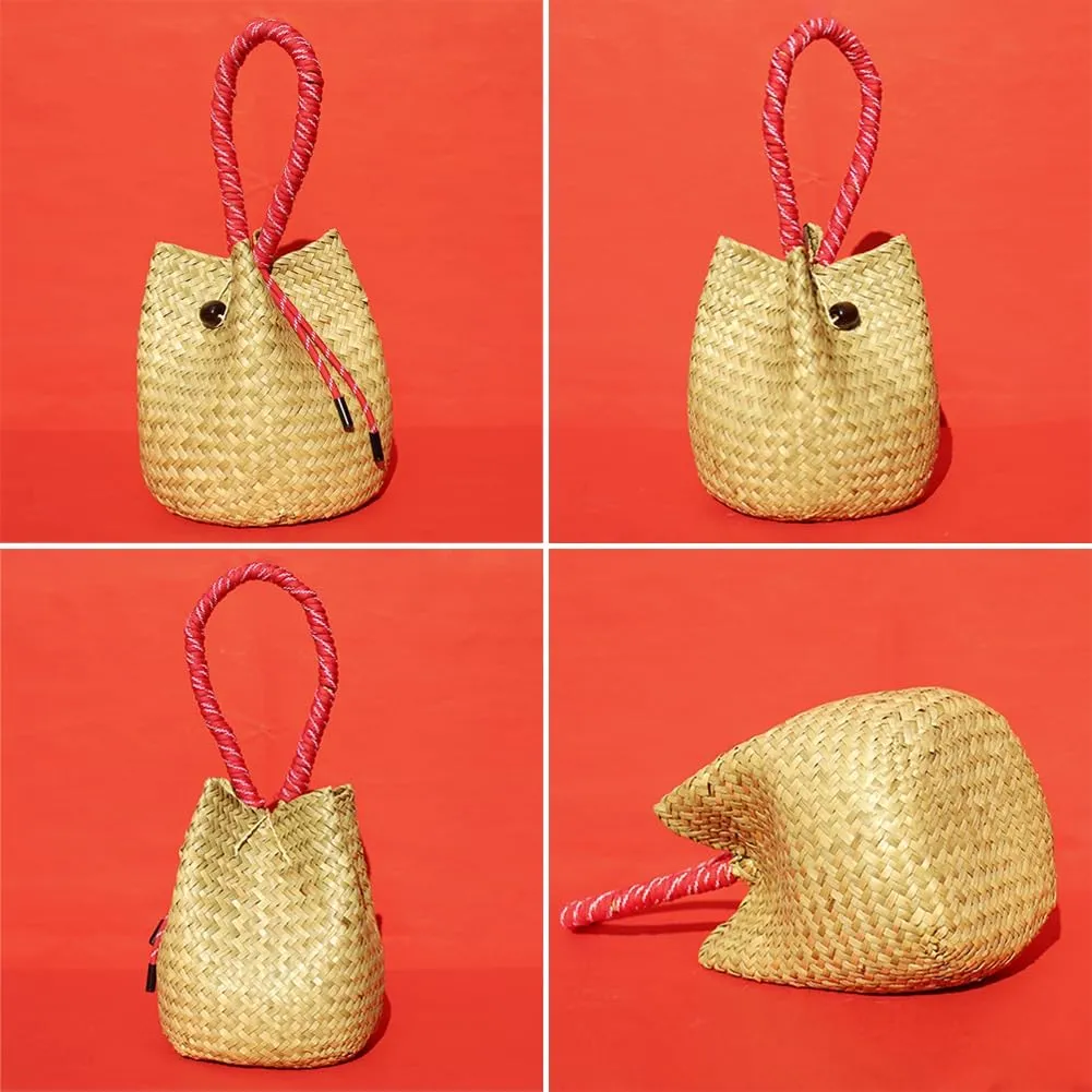 Womens Handwoven Spiral Bucket Bag Straw Tote Beach Vacation Purse Rattan Woven Wedding Handbag Summer Small Purse