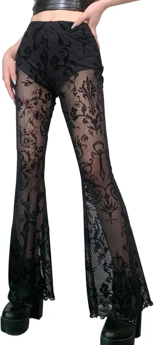 Womens High Waisted Lace Pants Wide Leg Bell Bottom Elastic Waist Mesh Pants Sexy Trousers