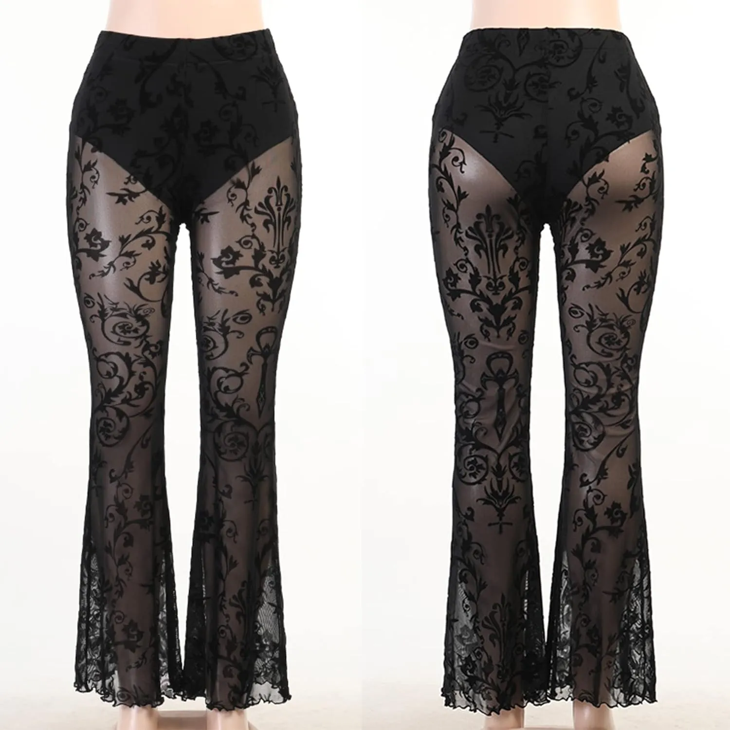 Womens High Waisted Lace Pants Wide Leg Bell Bottom Elastic Waist Mesh Pants Sexy Trousers