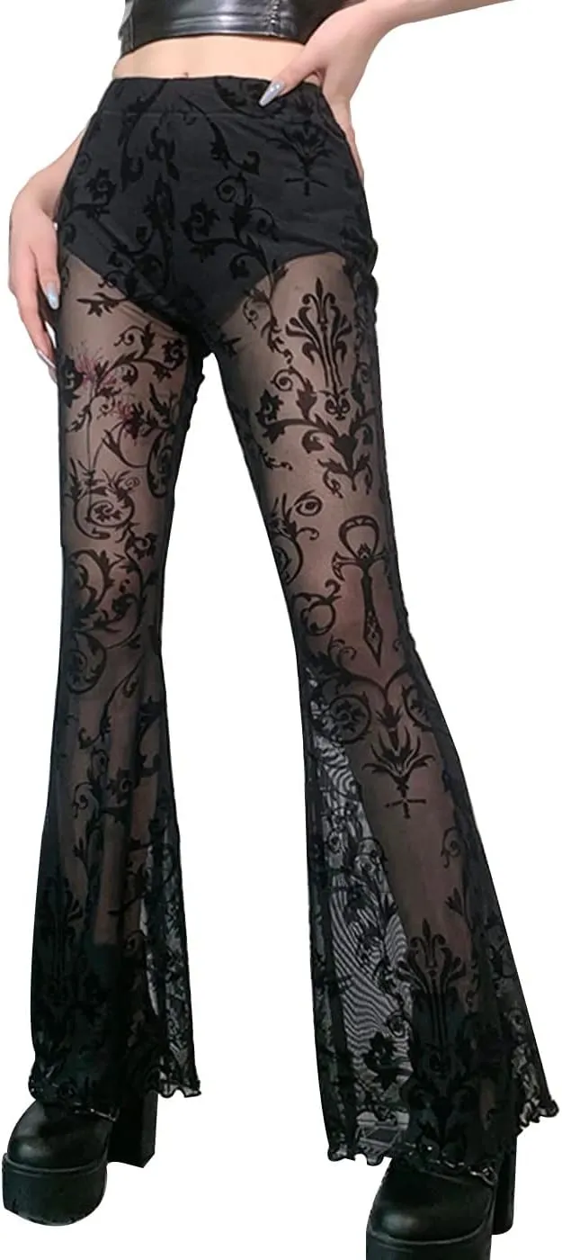 Womens High Waisted Lace Pants Wide Leg Bell Bottom Elastic Waist Mesh Pants Sexy Trousers