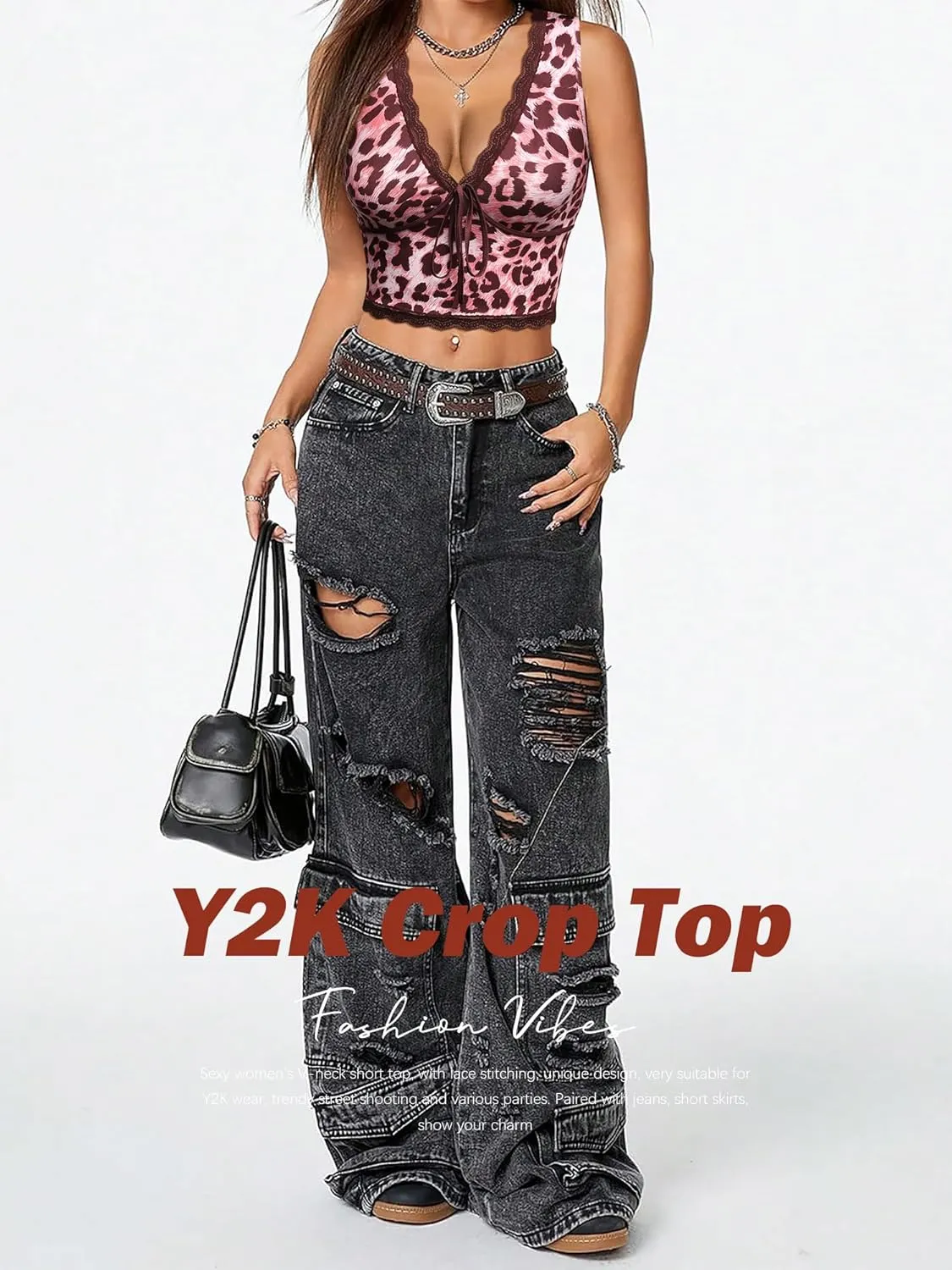 Womens Leopard Lace Trim Sexy Tank Tops Bow Tie Front Sleeveless Cheetah Print V Neck Tops Y2K Going Out Crop Top