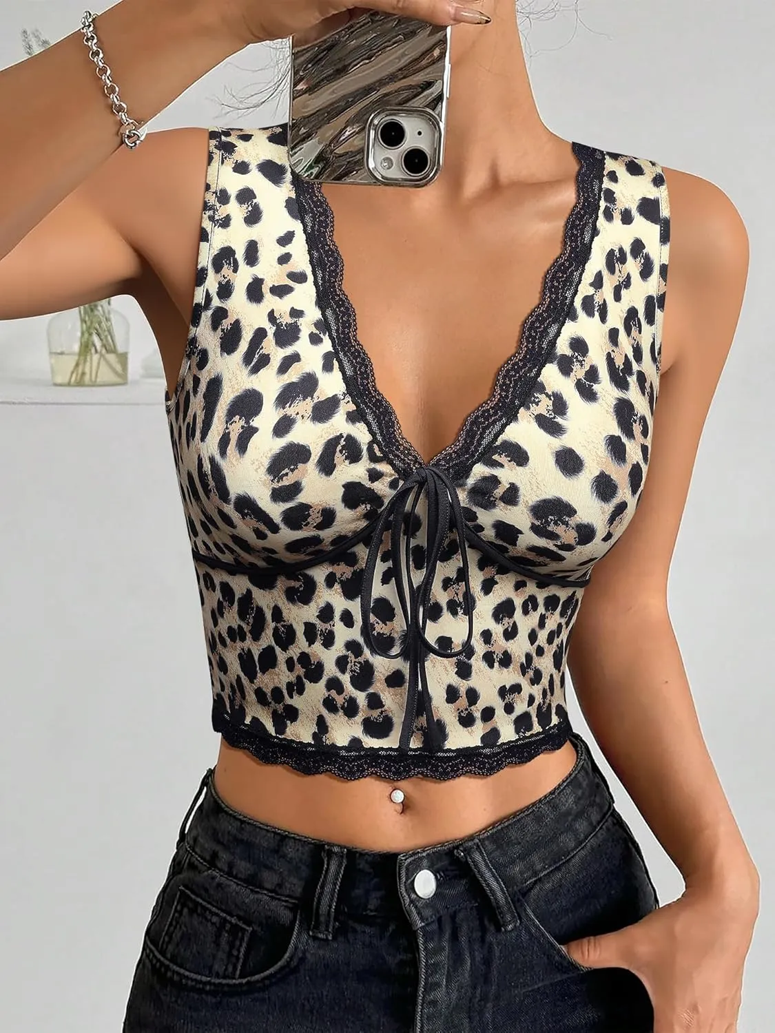 Womens Leopard Lace Trim Sexy Tank Tops Bow Tie Front Sleeveless Cheetah Print V Neck Tops Y2K Going Out Crop Top