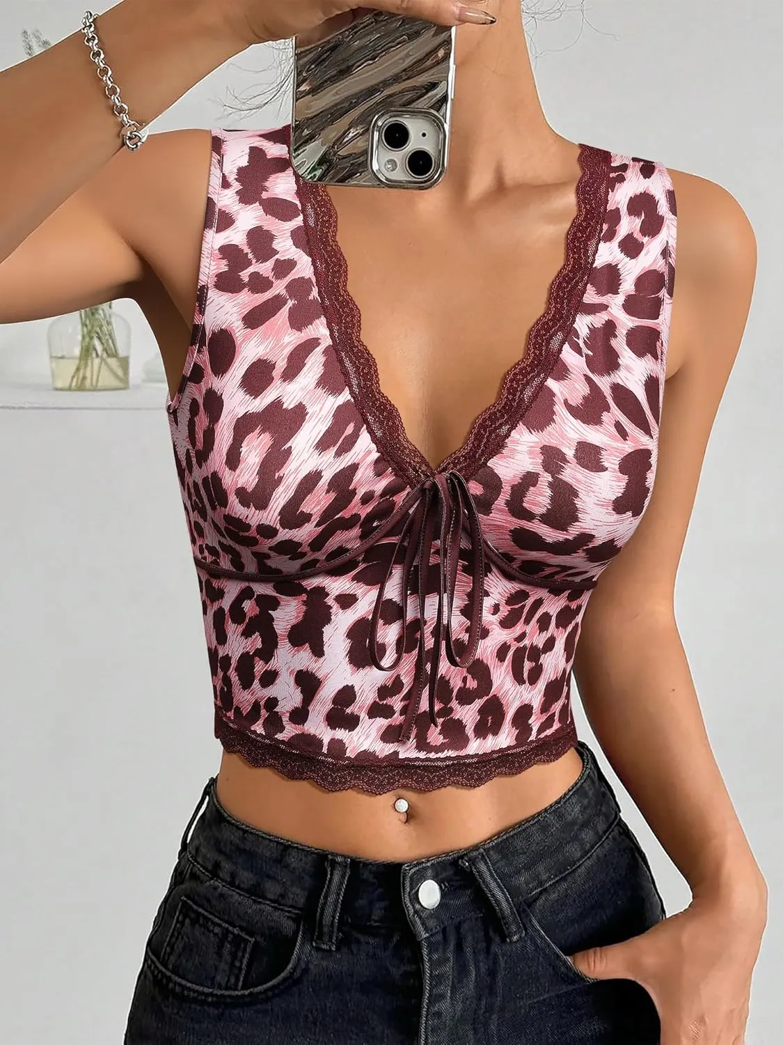 Womens Leopard Lace Trim Sexy Tank Tops Bow Tie Front Sleeveless Cheetah Print V Neck Tops Y2K Going Out Crop Top