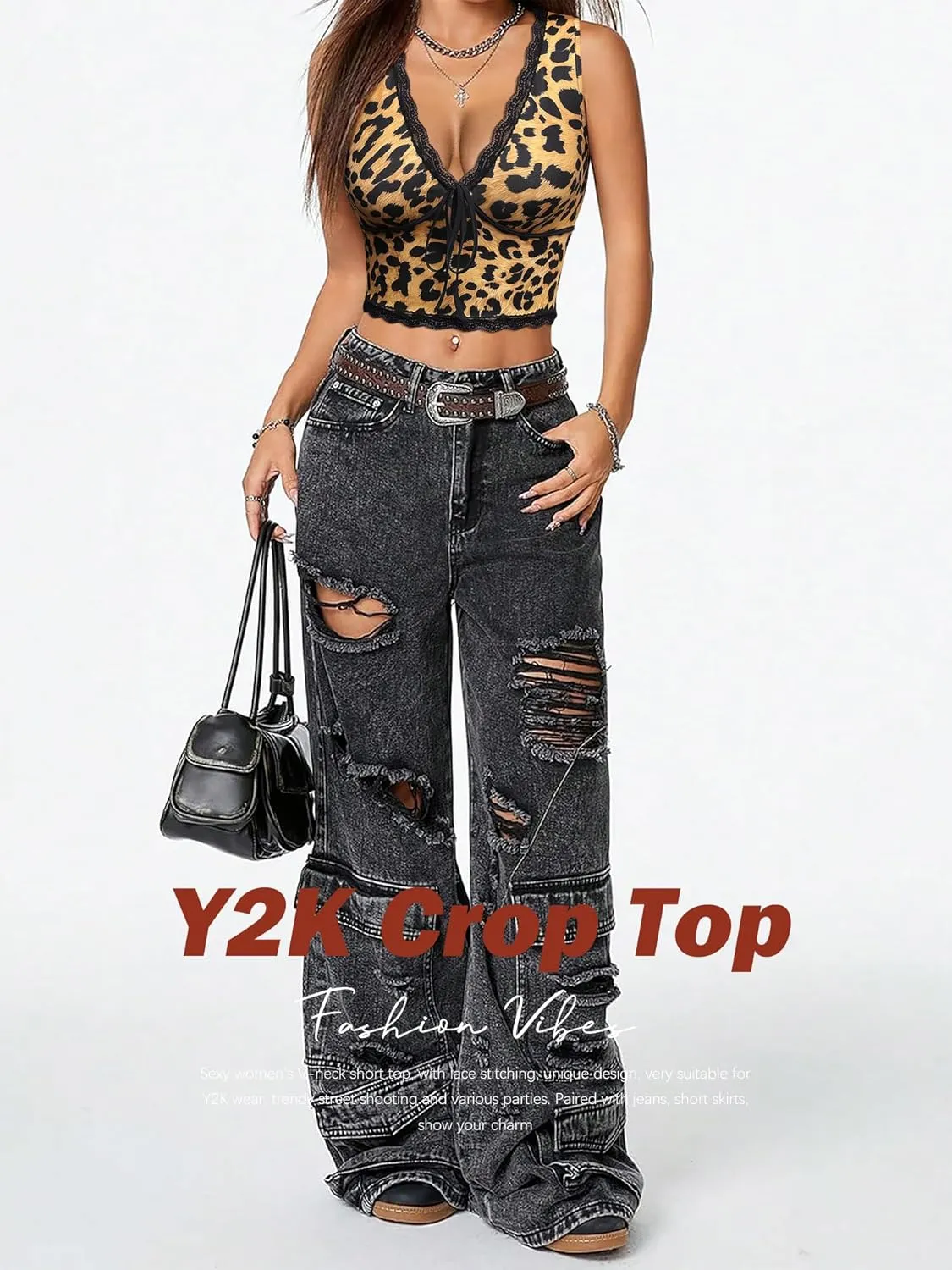 Womens Leopard Lace Trim Sexy Tank Tops Bow Tie Front Sleeveless Cheetah Print V Neck Tops Y2K Going Out Crop Top