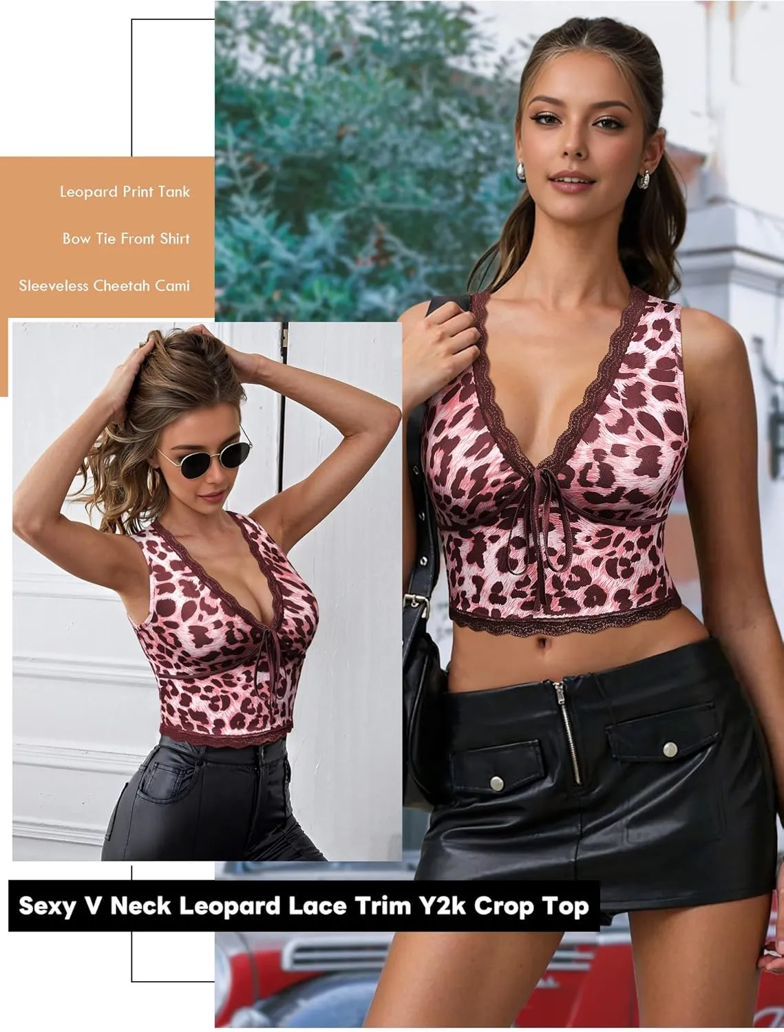 Womens Leopard Lace Trim Sexy Tank Tops Bow Tie Front Sleeveless Cheetah Print V Neck Tops Y2K Going Out Crop Top