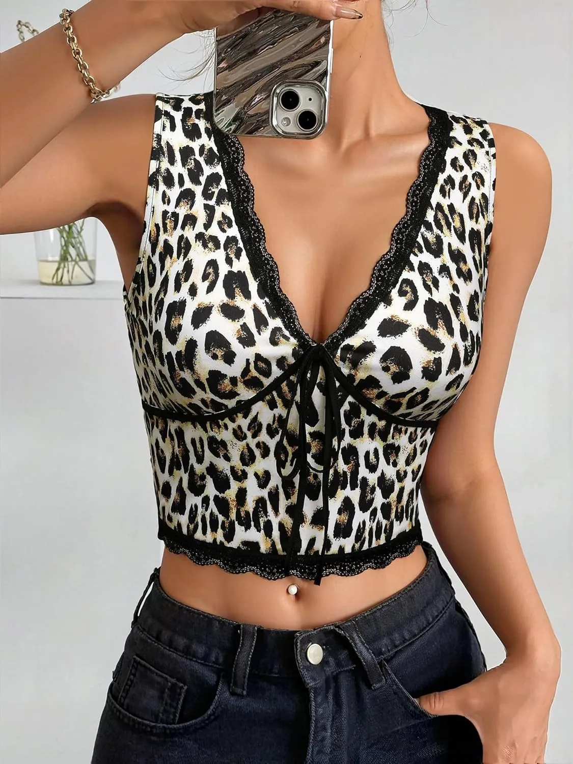 Womens Leopard Lace Trim Sexy Tank Tops Bow Tie Front Sleeveless Cheetah Print V Neck Tops Y2K Going Out Crop Top