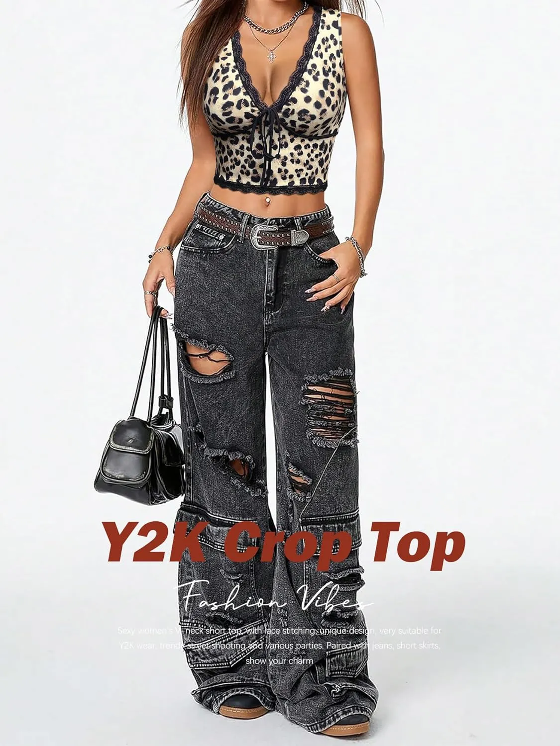Womens Leopard Lace Trim Sexy Tank Tops Bow Tie Front Sleeveless Cheetah Print V Neck Tops Y2K Going Out Crop Top