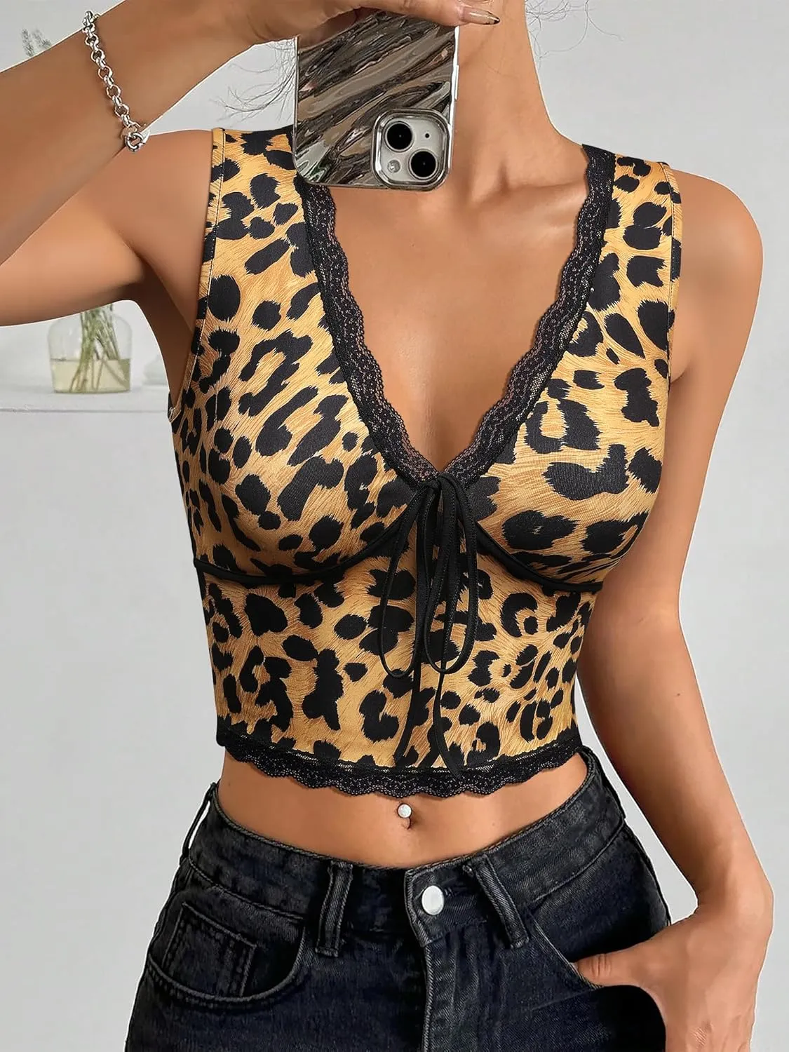 Womens Leopard Lace Trim Sexy Tank Tops Bow Tie Front Sleeveless Cheetah Print V Neck Tops Y2K Going Out Crop Top