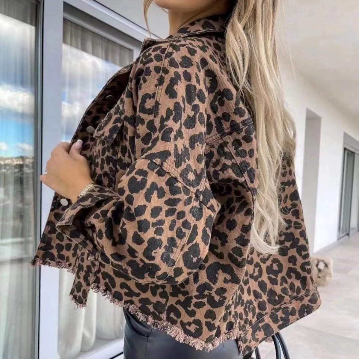 Womens Leopard Print Denim Jacket Brown Black Leopard Fashion Forward Bold Leopard Print Jacket Y2k Streetwear