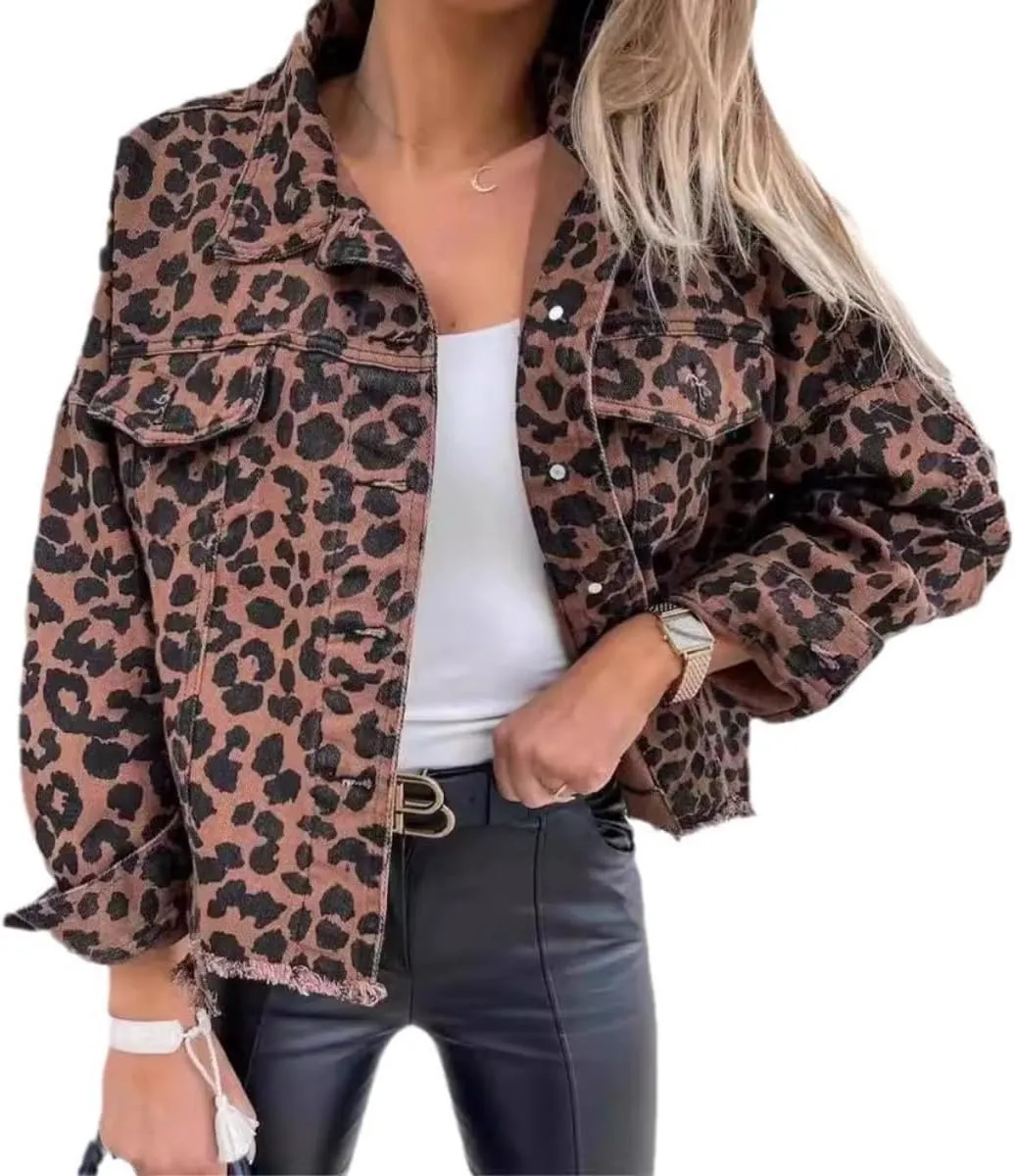 Womens Leopard Print Denim Jacket Brown Black Leopard Fashion Forward Bold Leopard Print Jacket Y2k Streetwear