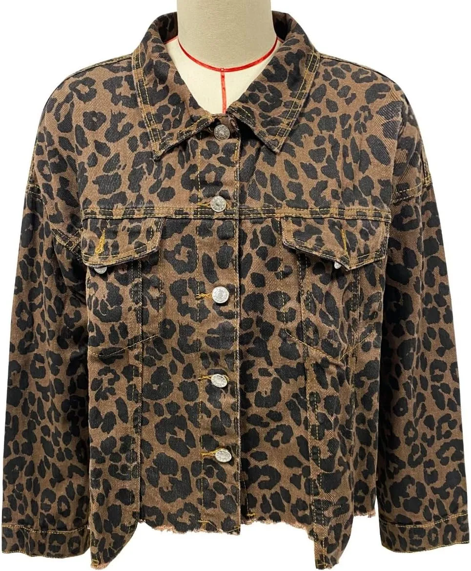Womens Leopard Print Denim Jacket Brown Black Leopard Fashion Forward Bold Leopard Print Jacket Y2k Streetwear