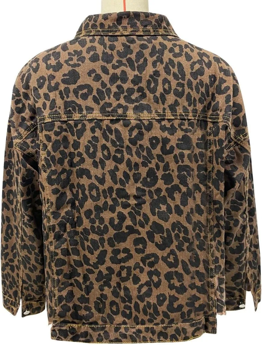 Womens Leopard Print Denim Jacket Brown Black Leopard Fashion Forward Bold Leopard Print Jacket Y2k Streetwear