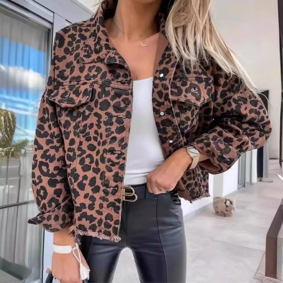 Womens Leopard Print Denim Jacket Brown Black Leopard Fashion Forward Bold Leopard Print Jacket Y2k Streetwear