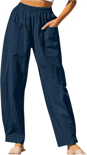Women's Linen Pants Elastic Waist High Waisted Pants Comfy Straight Leg Trousers 2025 Trendy Summer Clothes