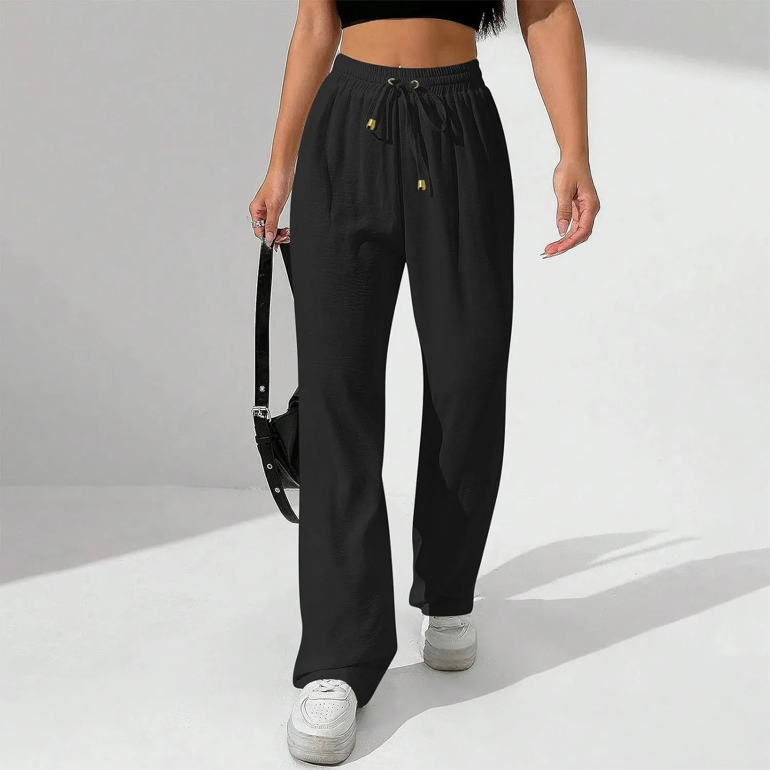Women's Linen Summer Palazzo Pants Flowy Wide Leg Beach Pants with Pockets