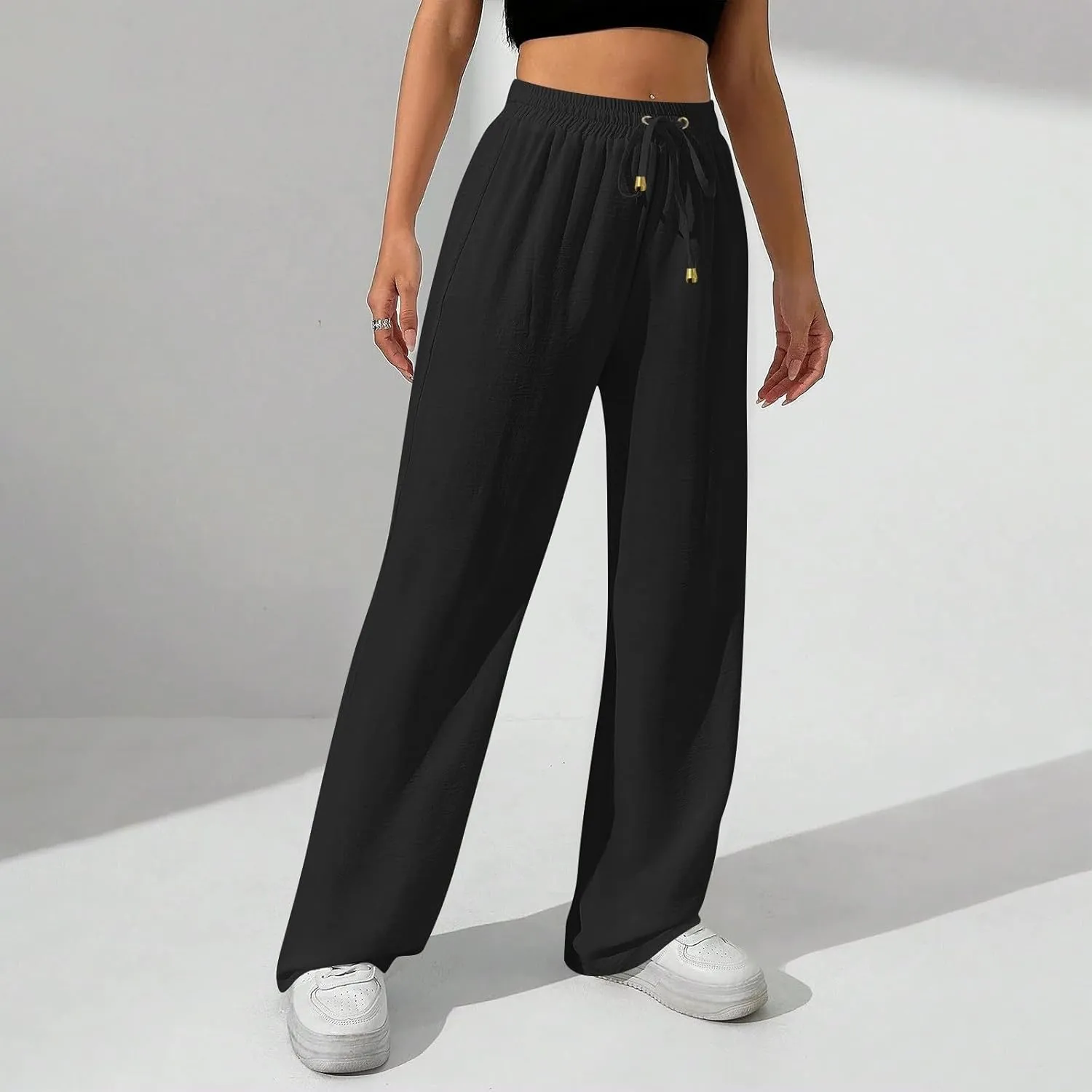 Women's Linen Summer Palazzo Pants Flowy Wide Leg Beach Pants with Pockets
