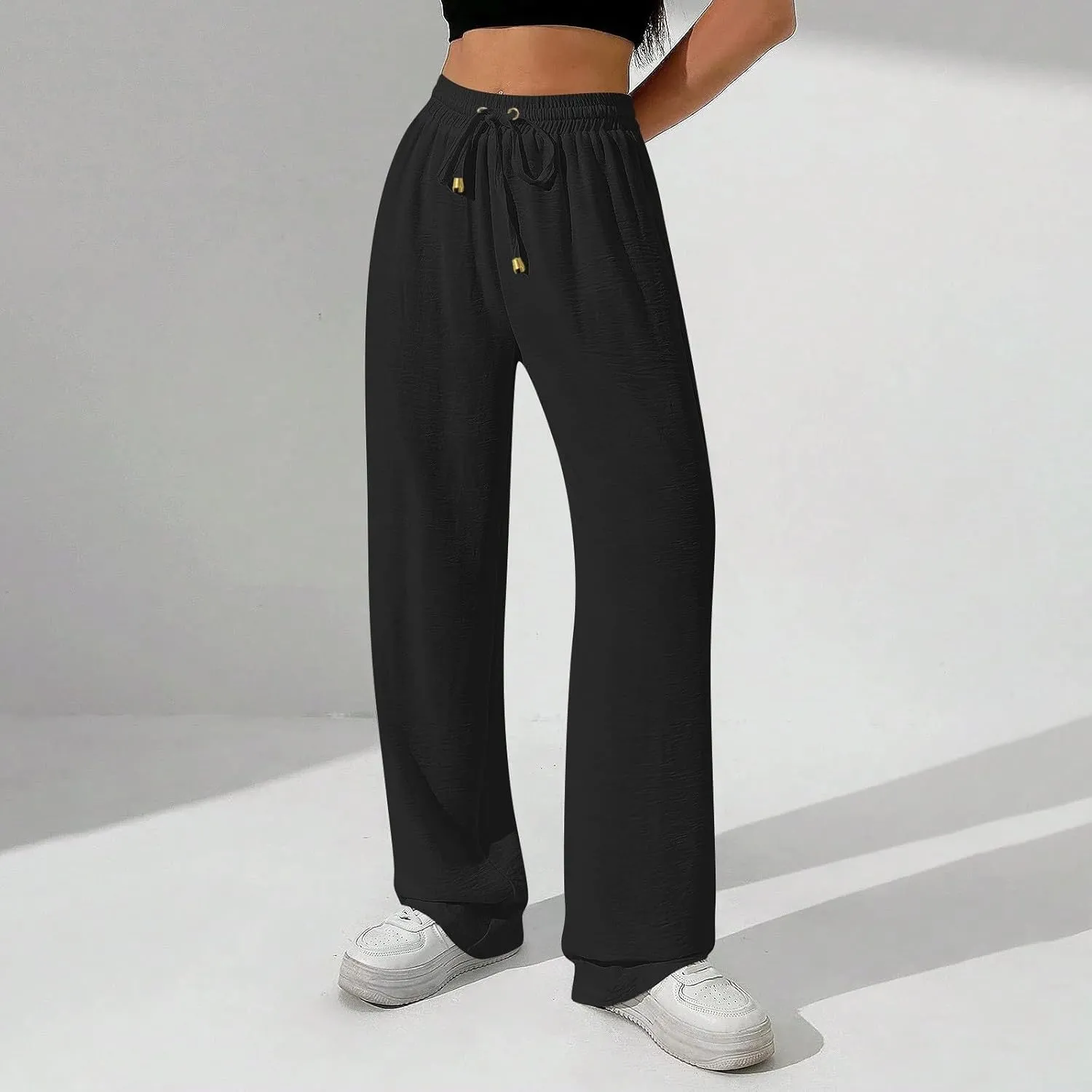 Women's Linen Summer Palazzo Pants Flowy Wide Leg Beach Pants with Pockets