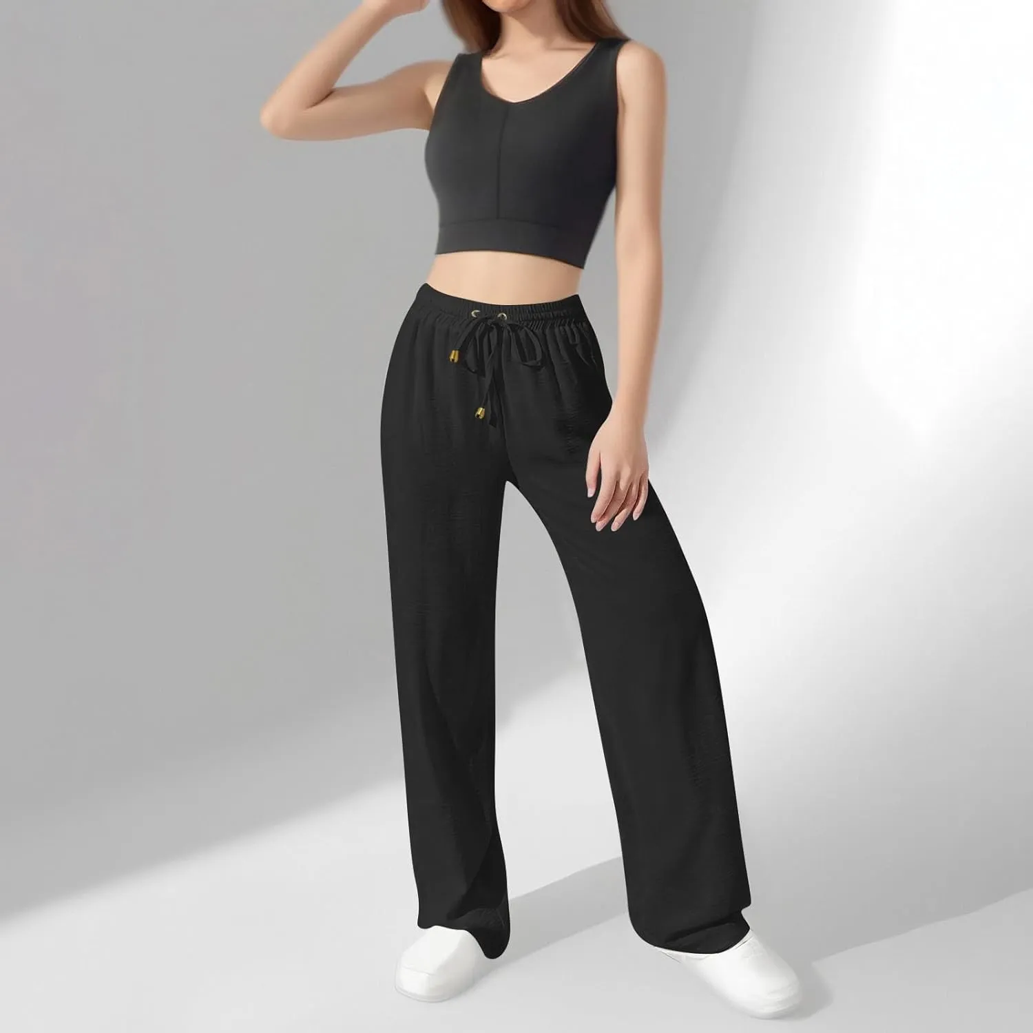 Women's Linen Summer Palazzo Pants Flowy Wide Leg Beach Pants with Pockets