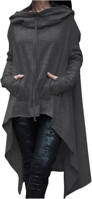 Womens Long Sleeve Cloak Hoodies Turtleneck Oversized High Low Sweater Vintage Gothic Sweatshirts Pullover Casual Winter Coat Gray, X-Large