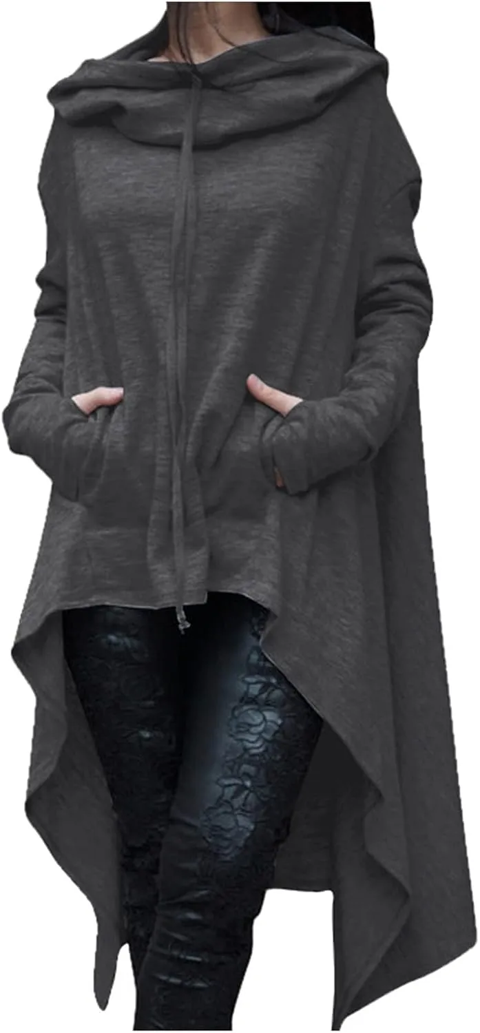 Womens Long Sleeve Cloak Hoodies Turtleneck Oversized High Low Sweater Vintage Gothic Sweatshirts Pullover Casual Winter Coat Gray, X-Large