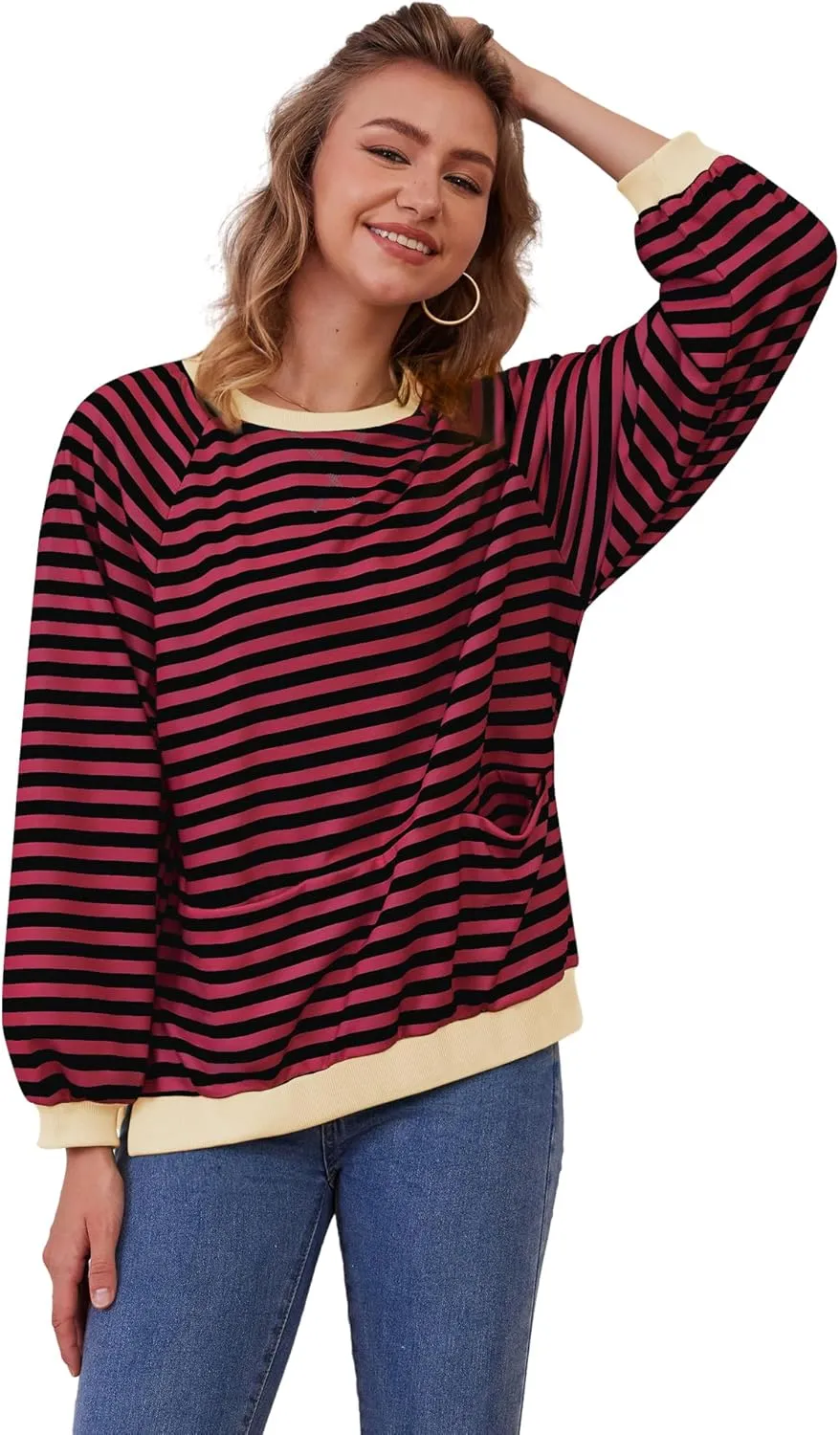Womens Long Sleeve Oversized Sweatshirt Striped Crewneck Casual Loose Pullover Tops with Pockets