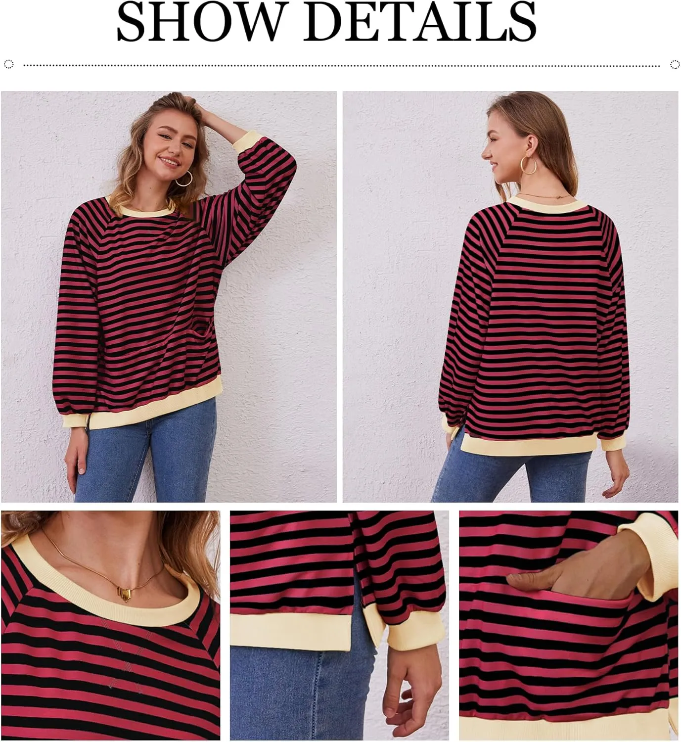 Womens Long Sleeve Oversized Sweatshirt Striped Crewneck Casual Loose Pullover Tops with Pockets