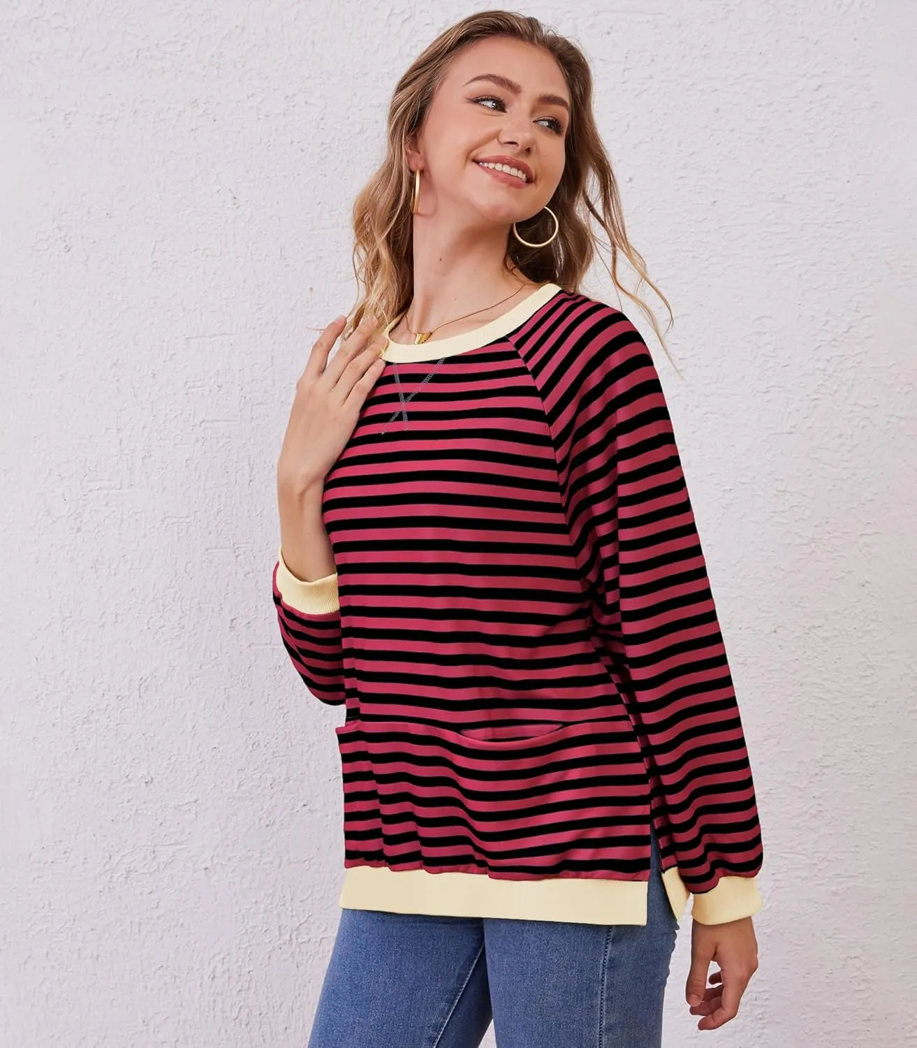 Womens Long Sleeve Oversized Sweatshirt Striped Crewneck Casual Loose Pullover Tops with Pockets