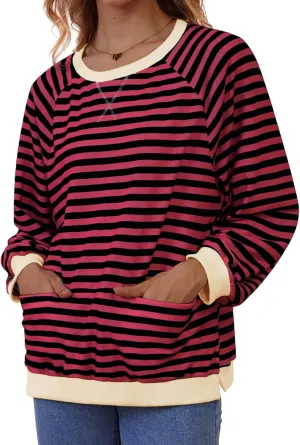 Womens Long Sleeve Oversized Sweatshirt Striped Crewneck Casual Loose Pullover Tops with Pockets
