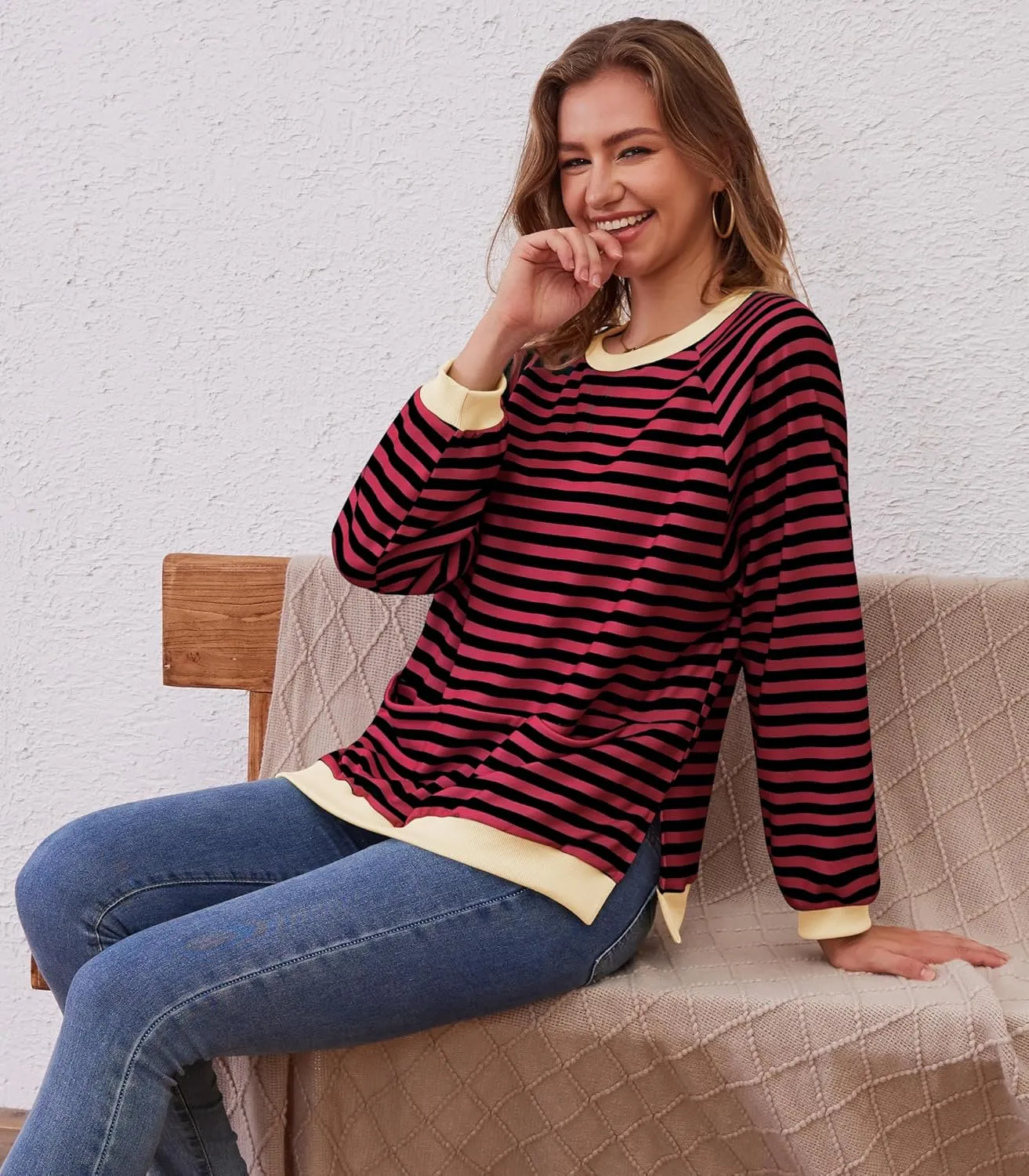 Womens Long Sleeve Oversized Sweatshirt Striped Crewneck Casual Loose Pullover Tops with Pockets