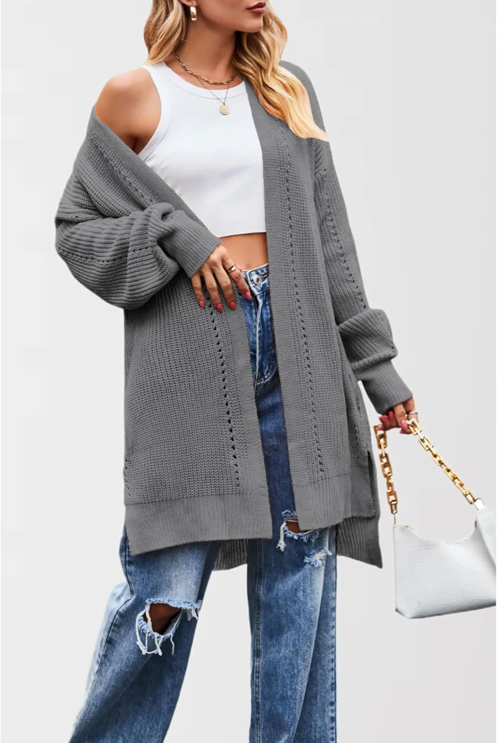 Women's Oversized Open Front Cardigan Lightweight Long Sleeve Knit Sweater with Pockets