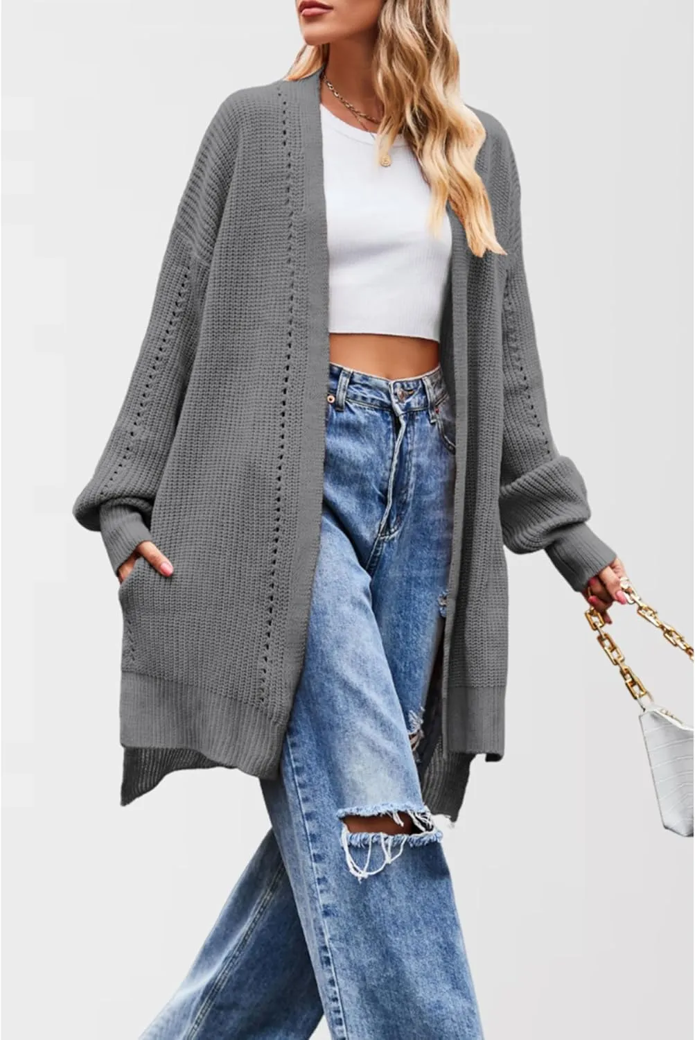 Women's Oversized Open Front Cardigan Lightweight Long Sleeve Knit Sweater with Pockets