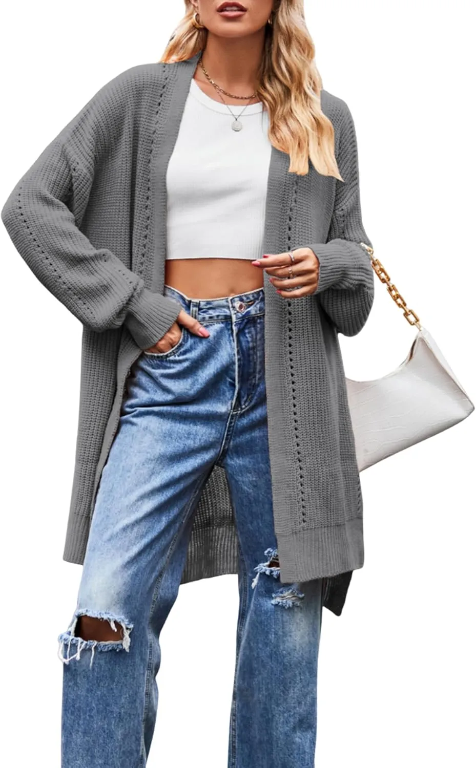 Women's Oversized Open Front Cardigan Lightweight Long Sleeve Knit Sweater with Pockets