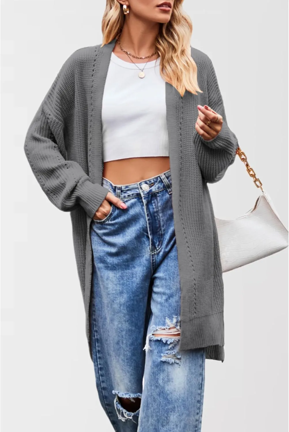 Women's Oversized Open Front Cardigan Lightweight Long Sleeve Knit Sweater with Pockets