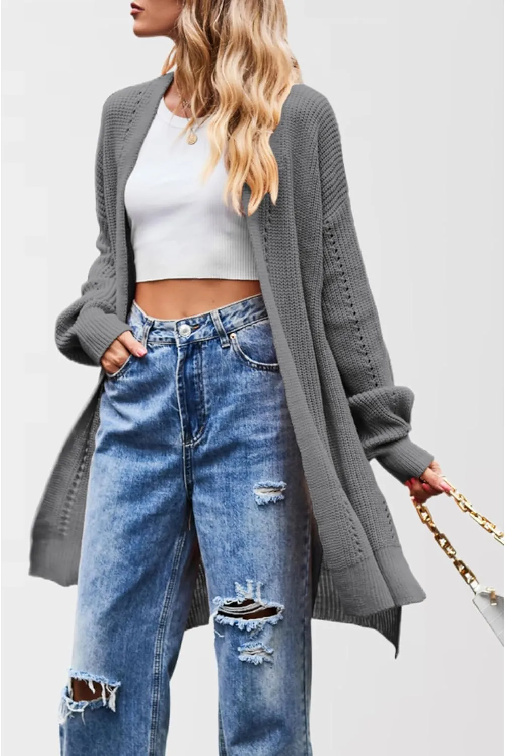 Women's Oversized Open Front Cardigan Lightweight Long Sleeve Knit Sweater with Pockets