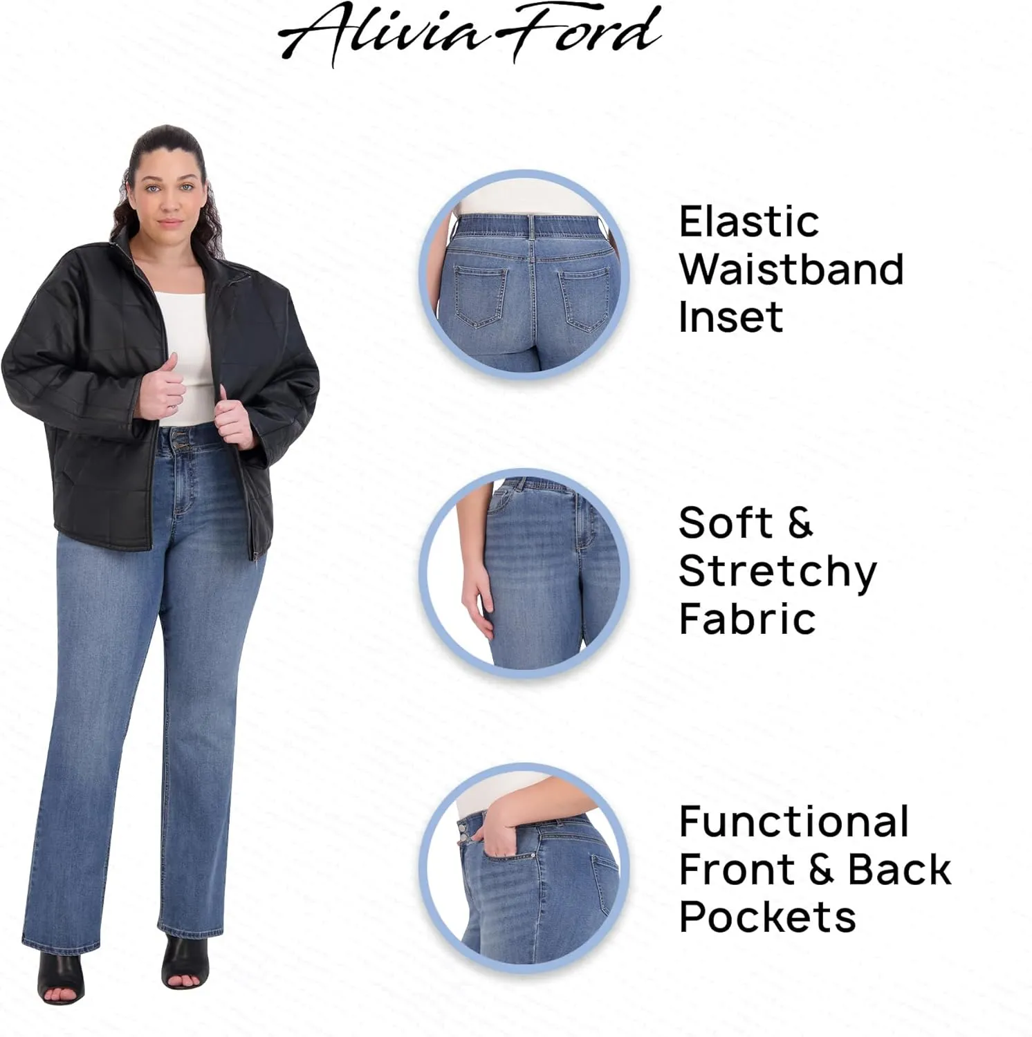Women's Plus Size Jeans for Women - High Rise Elastic Plus Size Bootcut Jeans for Women - 32" Inseam