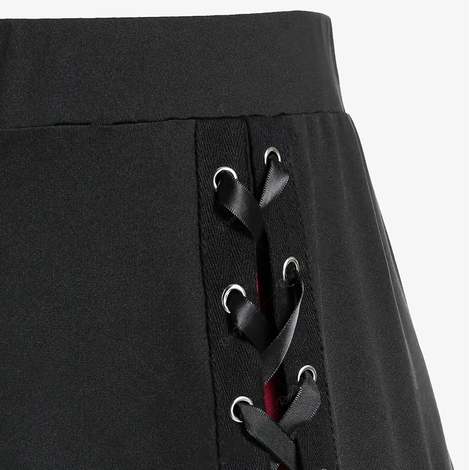 Women's Punk Retro Skirt Lace Up Skirts Ladies Halloween Costume Patchwork High Waist Midi Skirt Gothic Skirt