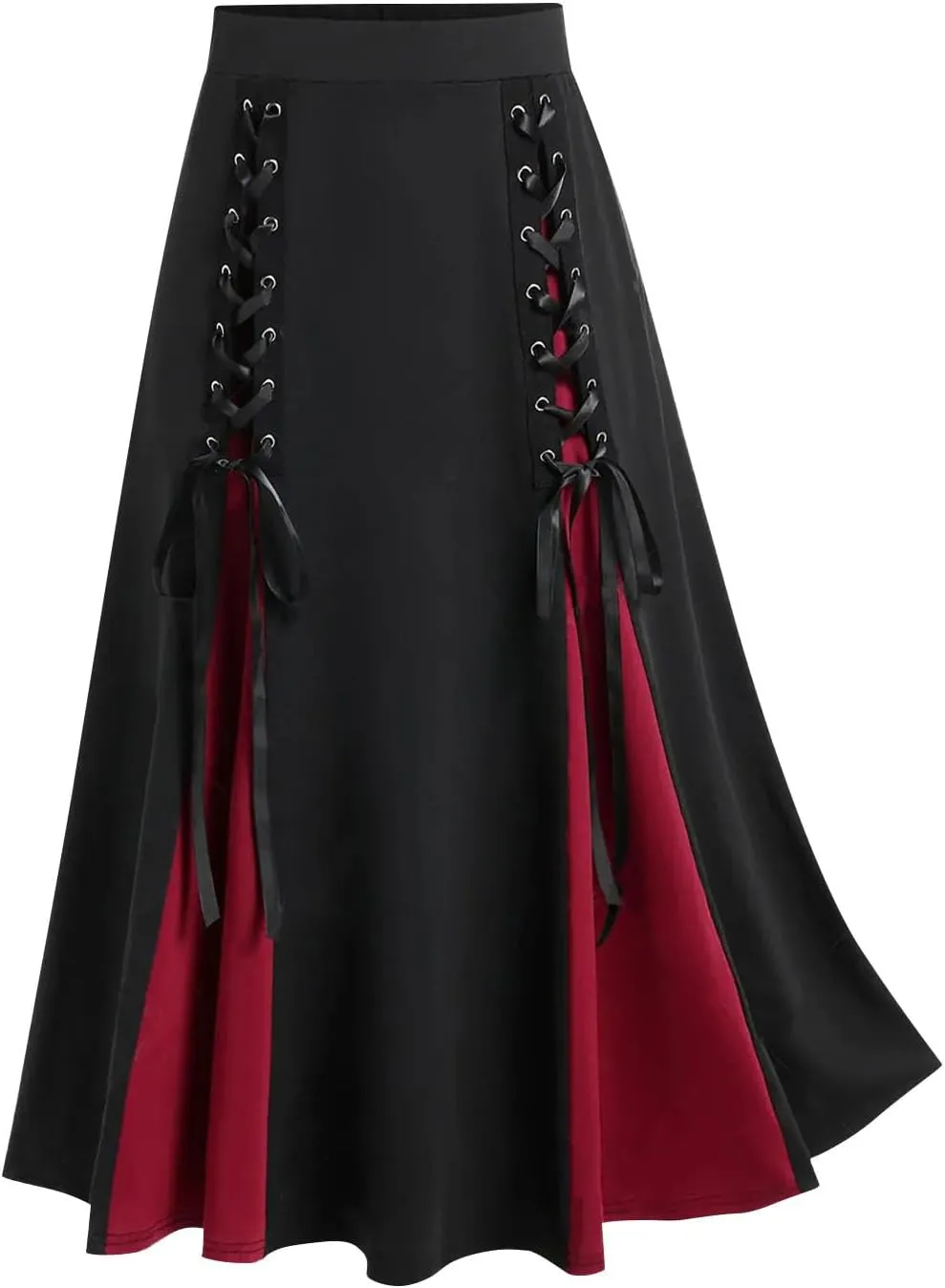Women's Punk Retro Skirt Lace Up Skirts Ladies Halloween Costume Patchwork High Waist Midi Skirt Gothic Skirt
