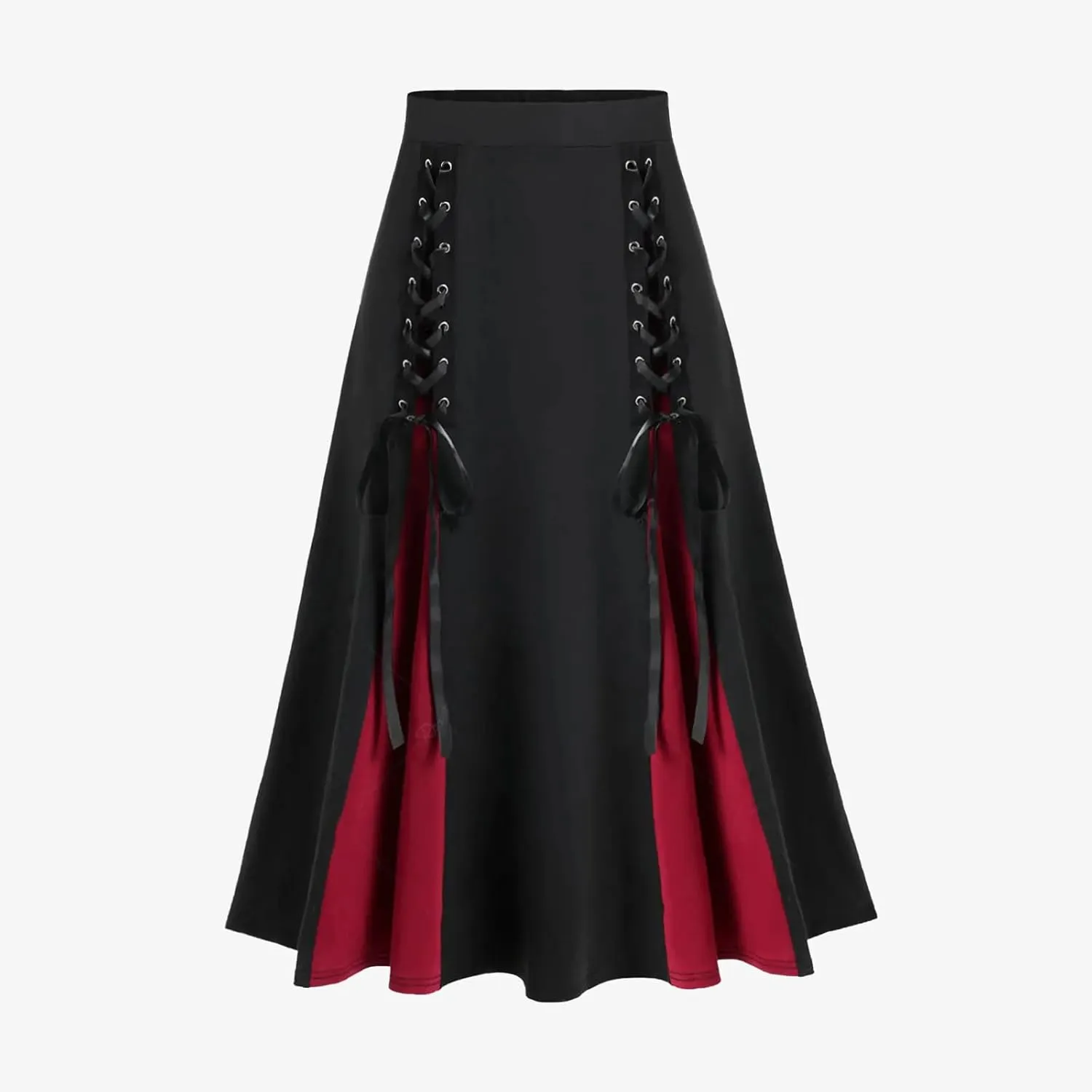 Women's Punk Retro Skirt Lace Up Skirts Ladies Halloween Costume Patchwork High Waist Midi Skirt Gothic Skirt