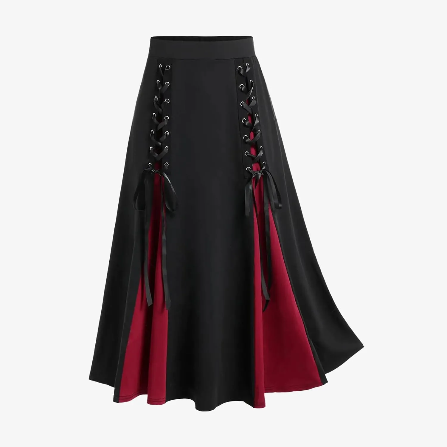 Women's Punk Retro Skirt Lace Up Skirts Ladies Halloween Costume Patchwork High Waist Midi Skirt Gothic Skirt