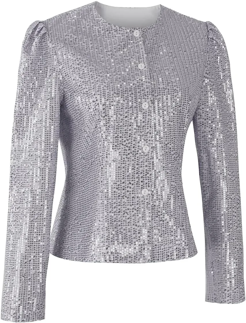 Women's Sequin Jacket Button Long Sleeve Casual Party Sparkle Blazer