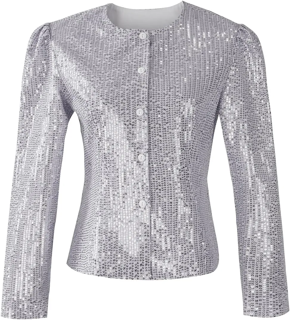Women's Sequin Jacket Button Long Sleeve Casual Party Sparkle Blazer