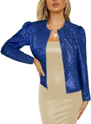 Women's Sequin Jacket Button Long Sleeve Casual Party Sparkle Blazer