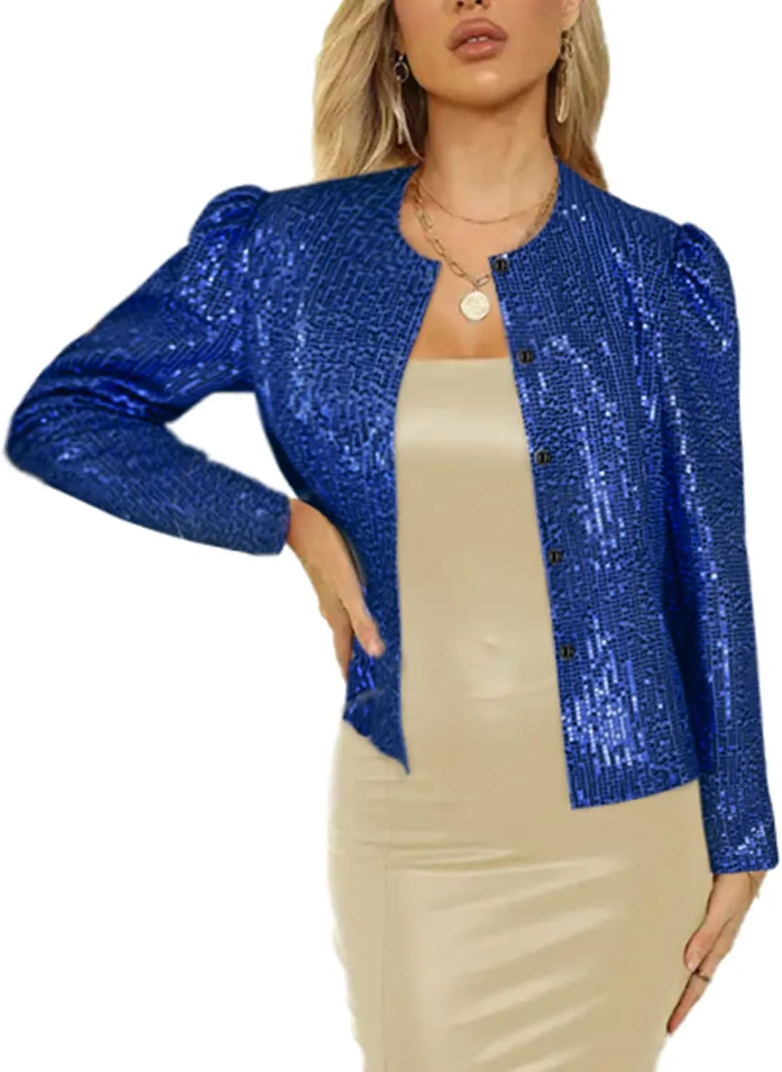 Women's Sequin Jacket Button Long Sleeve Casual Party Sparkle Blazer
