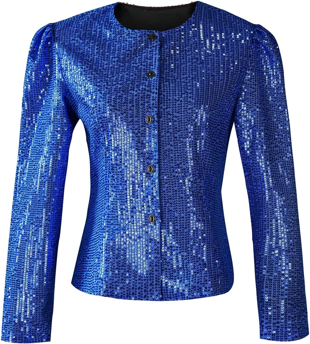 Women's Sequin Jacket Button Long Sleeve Casual Party Sparkle Blazer