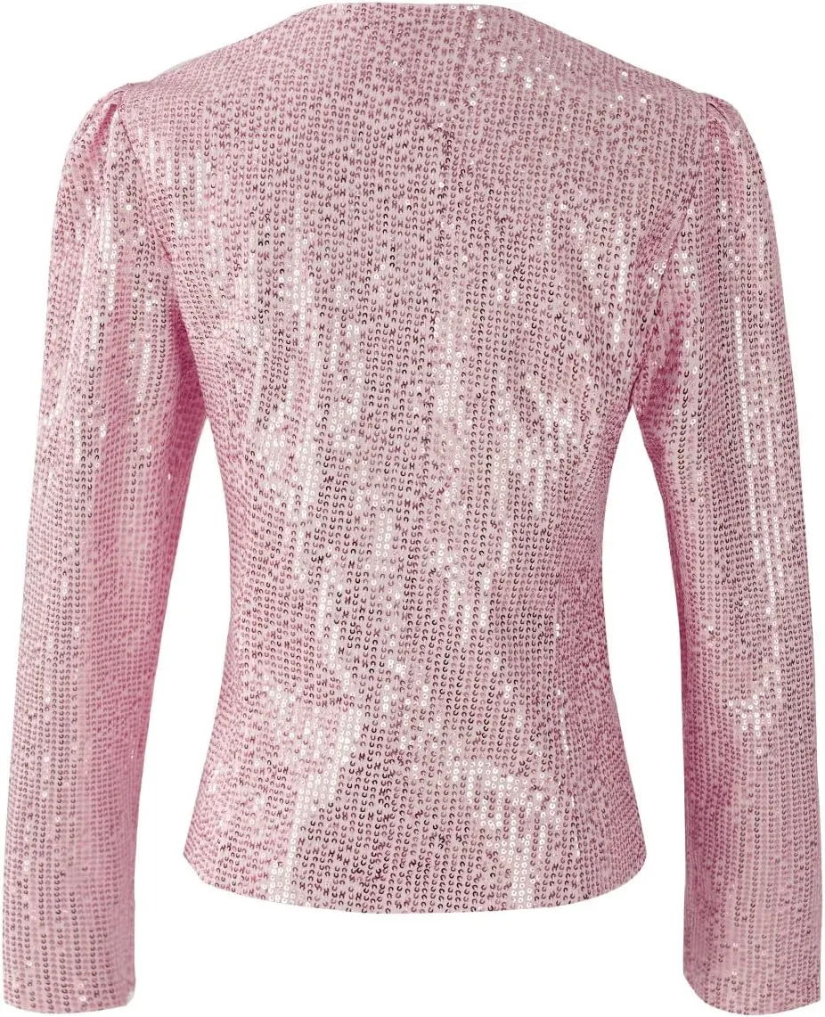 Women's Sequin Jacket Button Long Sleeve Casual Party Sparkle Blazer
