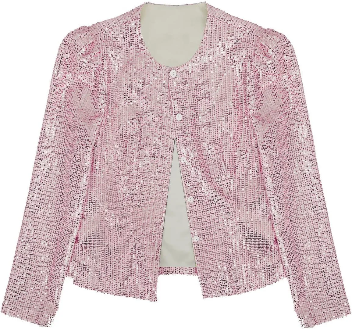 Women's Sequin Jacket Button Long Sleeve Casual Party Sparkle Blazer