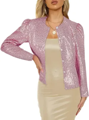 Women's Sequin Jacket Button Long Sleeve Casual Party Sparkle Blazer