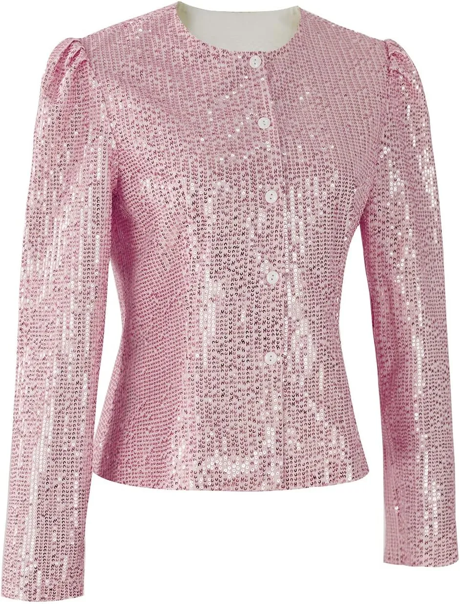 Women's Sequin Jacket Button Long Sleeve Casual Party Sparkle Blazer