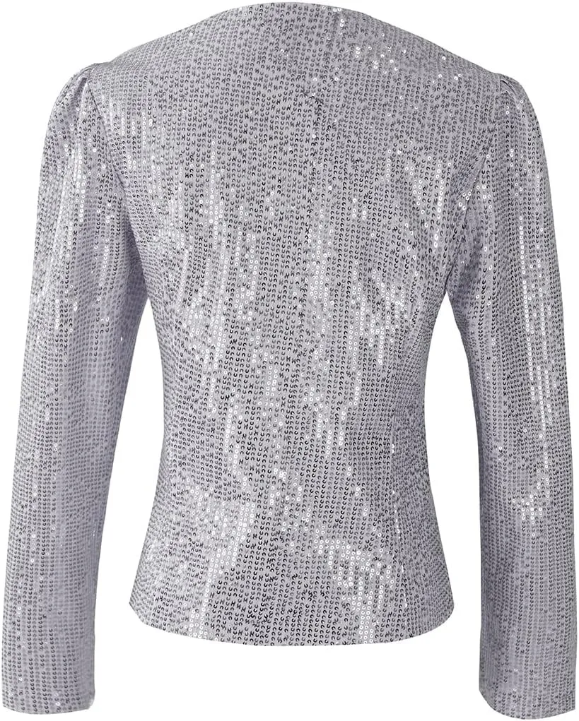 Women's Sequin Jacket Button Long Sleeve Casual Party Sparkle Blazer