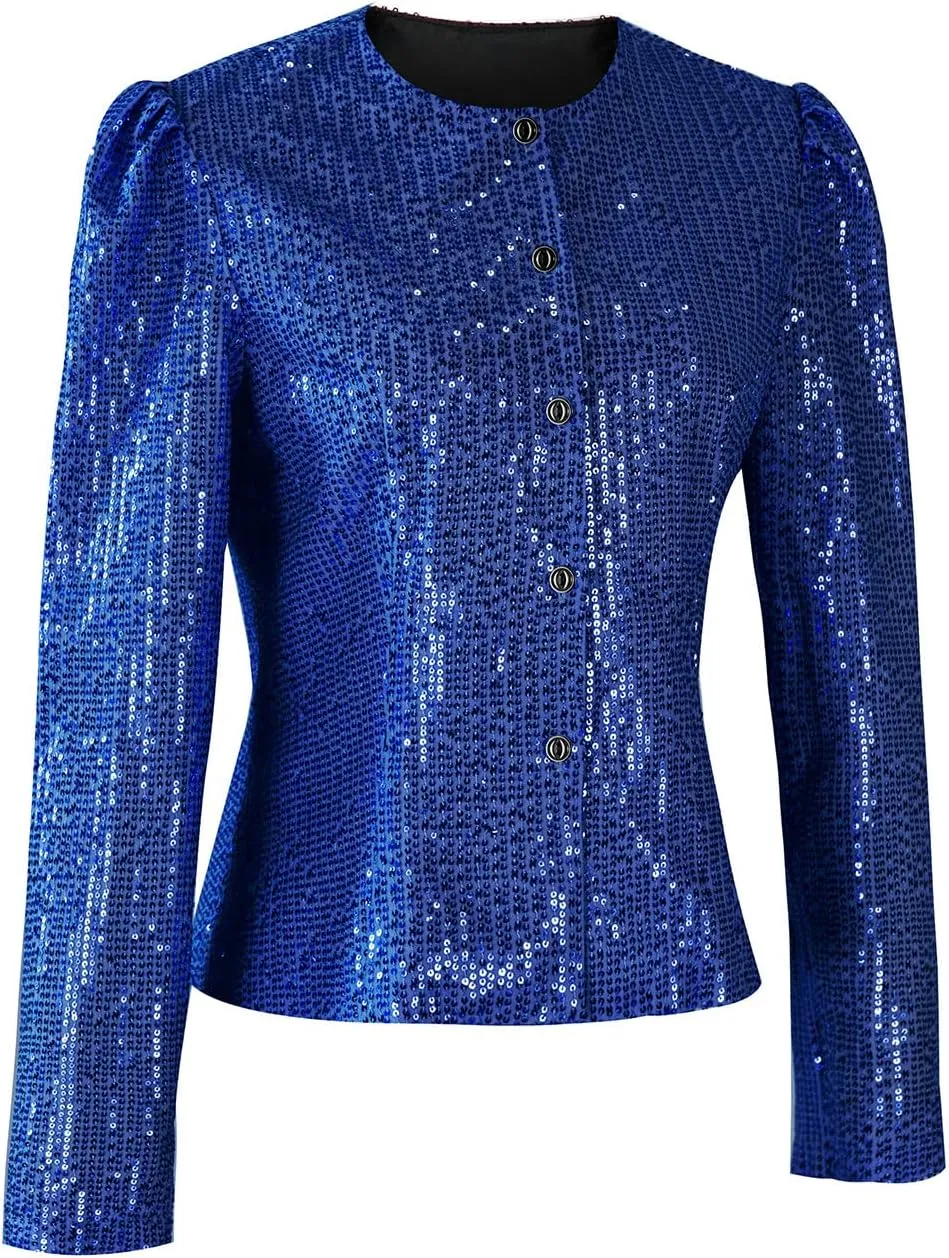 Women's Sequin Jacket Button Long Sleeve Casual Party Sparkle Blazer